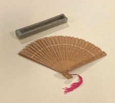 Vintage Wooden Asian Hand Fan Delicate Cut Out Design Oriental Souvenir w box