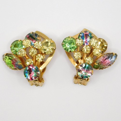 SPECTACULAR MULTICOLOR RHINESTONE AND URANIUM GLASS CLIP EARRINGS - Picture 1 of 3