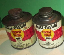 2 VTG 1963 Rust-oleum METAL TIN CAN PAPER LABEL SAMPLE CONE TOP 1401