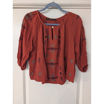 Azel Hazel Womens Terracotta Orange Embroidered Rayon Peasant Blouse Top