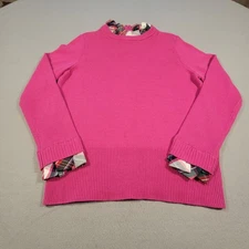 Crown & Ivy Sweater Pink Knit Ruffle Plaid Trim Holiday Pullover Women's Medium