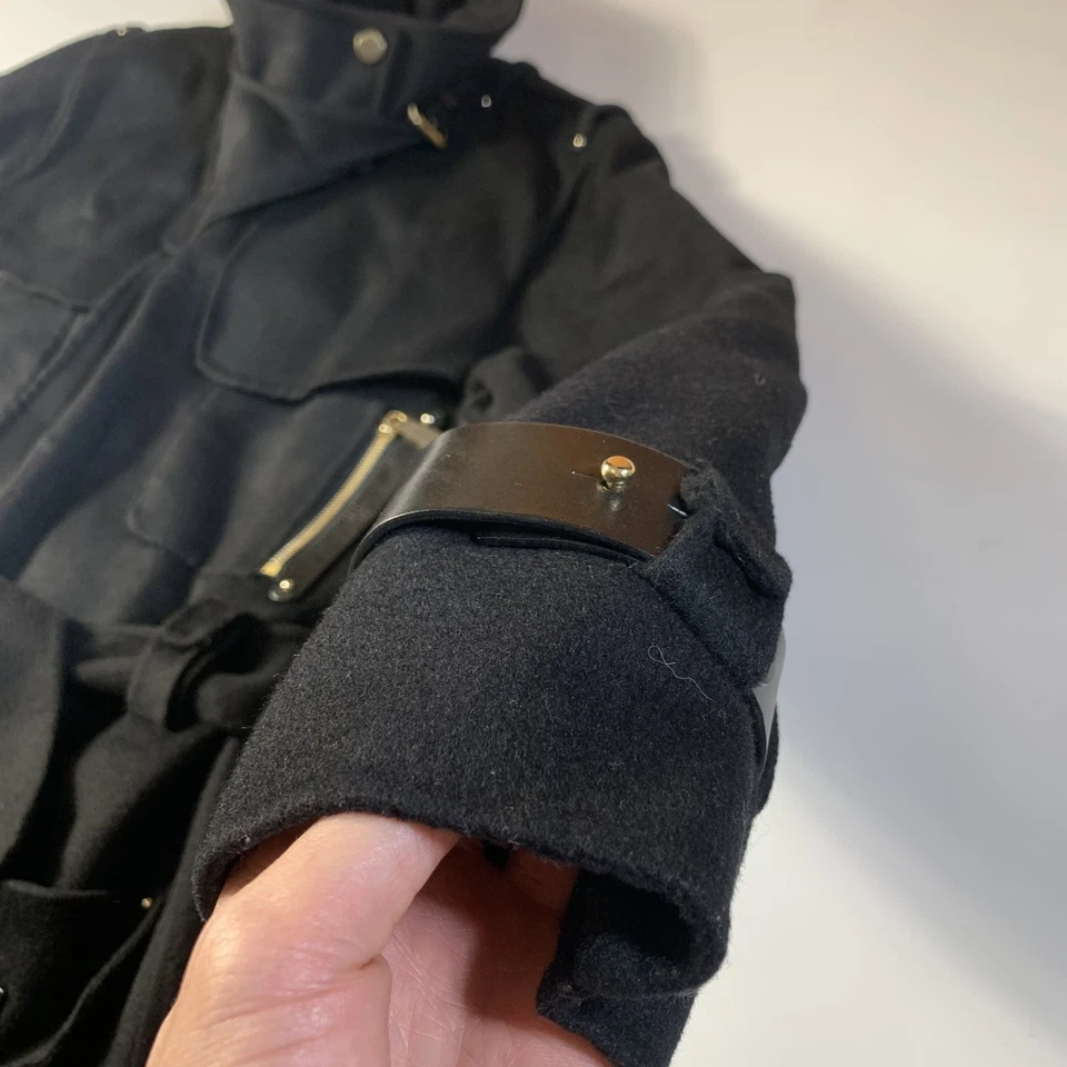 Barbara Bui Wool Cashmere Military Coat Black Leather Trim Belted Sz 36 - Image 4 of 4