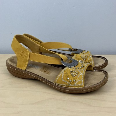 Rieker Women s Size 41 / 9-9.5 Regina Beaded Yellow Leather Slingback Sandals 