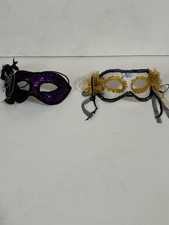 Masquerade Ball Mask Lot of 2 Purple/Black, Gold/White/Black Flowers Feathers
