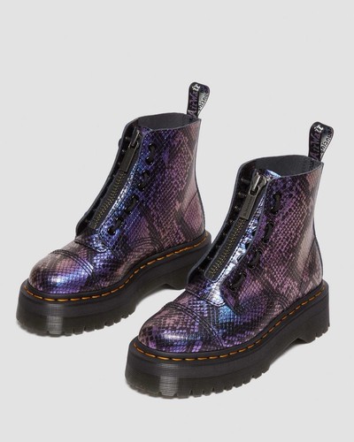 NEW Women DR MARTENS 1460 Purple Snake Print Leather Lace Up Platform Boots Sz 8