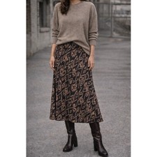 Vintage Ralph Lauren 90s Y2K Silk Wool Midi Skirt Ikat Print Bias Brown 14