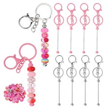 Beads Keychains Set with 50pcs Rose Red Beads-10Pcs Silver/Rose Red