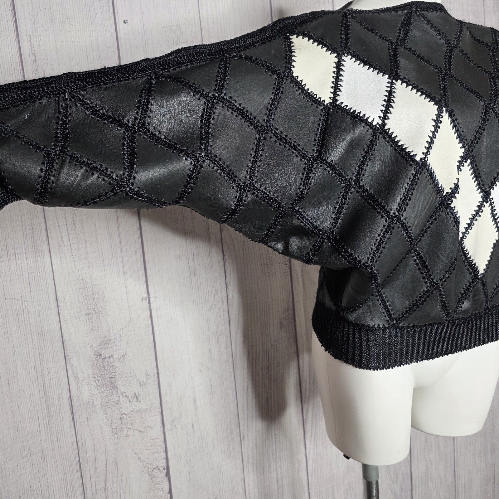 Vintage Leather Argyle Patchwork Batwing Top & Mi… - image 5