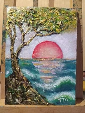 Original acrylic art painting Sunrise,Seascape. Relief, gold acrylic