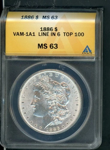 US 1886 VAM-1A1 LINE 6 TOP 100 PHILADELPHIA MORGAN DOLLAR ANACS MS 63     A107