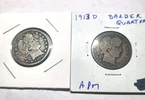 Lot of 2 U.S. Quarters 90% Silver 1909 D Barber 1913 D Barber Lot  #23