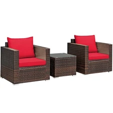 Patiojoy 3PCS Patio Rattan Furniture Set Conversation Sofa Cushioned Garden Red