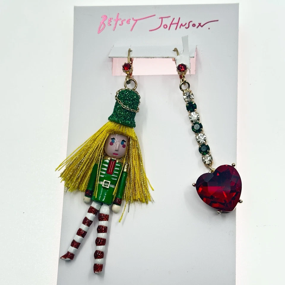 NWT BETSEY JOHNSON Holiday Nutcracker Heart Mismatched Leverback Drop Earrings - Image 2 of 4