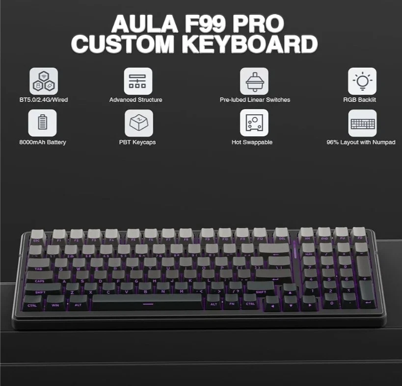 Aula F99Pro Black + Gradient Grey Mechanical Keyboard Wireless - Image 2 of 4