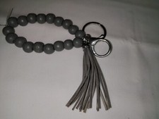Wristlet Keychain Grey wood Beads And Tassels Purse Clip Decoration