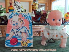 CRAWLING CELLULOID BABY 1950'S WIND-UP WITH BOX   NOS  JAPAN  VIDEO   