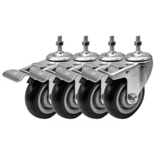 4 Pack 4" Stem Caster Swivel with Front Brake Black Polyurethane Caster Wheels