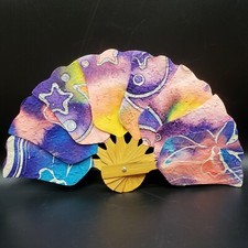 Tulip Hand Fan Purple Pink Bold Color Wooden Handles Pressed Paper 6.5" Vintage