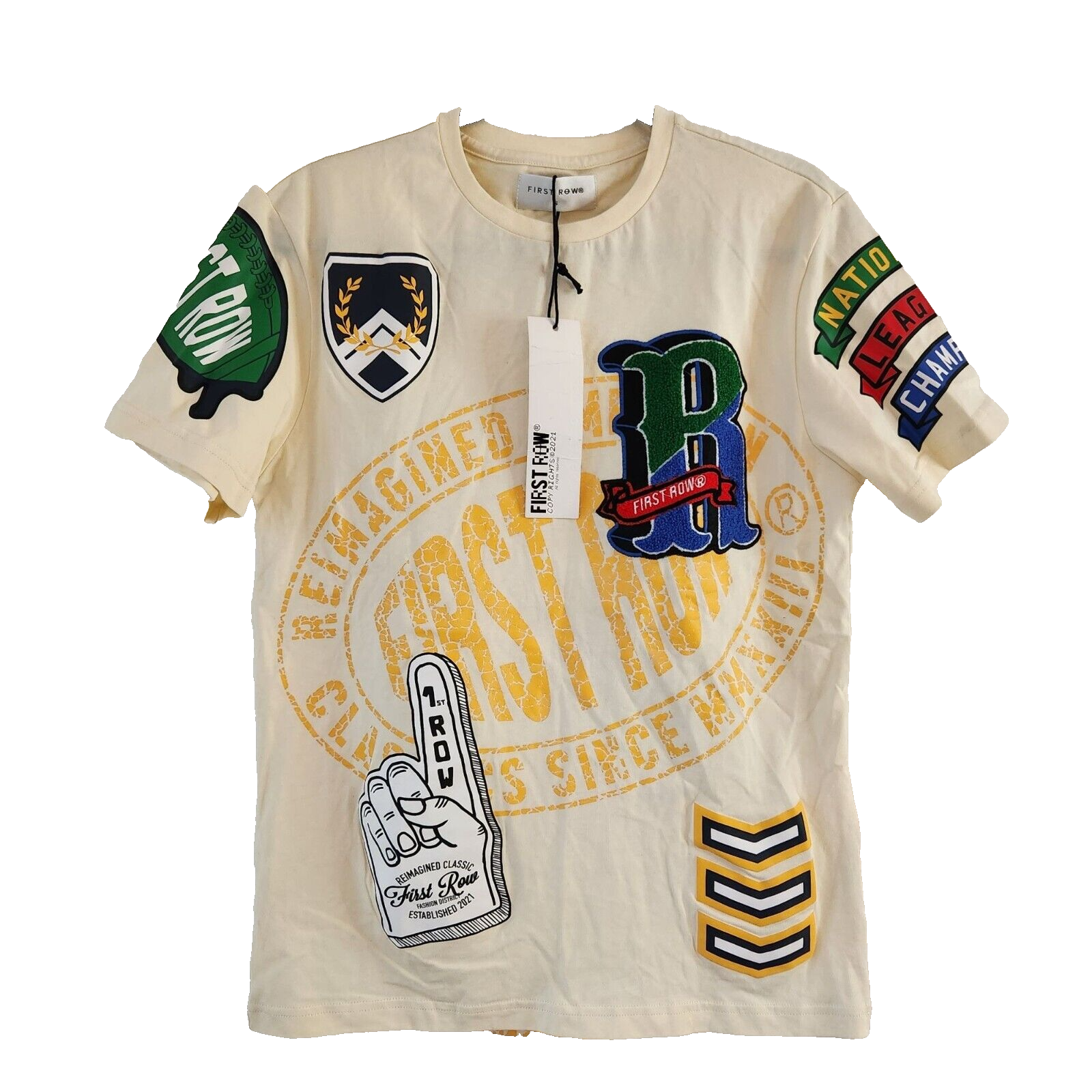 T shirt maglietta grafica prima fila Property Of nuova con etichetta logo Varsity uomo S