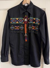 LEW MAGRAM NEW YORK, WOMEN'S 4, BLACK COTTON BEADED FRINGE WESTERN SHIRT, NWOT