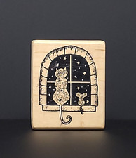 Magenta Cat  Mouse Window Gazing Wood Mounted Rubber Stamp Animals Friendship