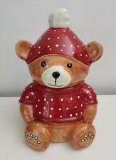Large Festive Teddy Bear Cookie Jar Red Polka Dot Jumper & Hat with Pom Pon