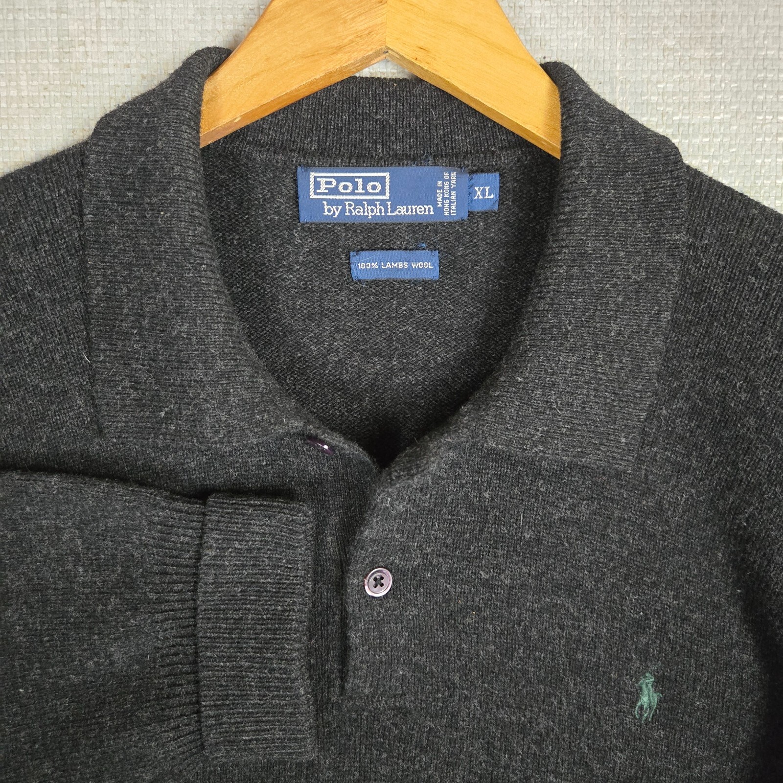POLO RALPH LAUREN maglione lana di agnello italiana uomo XL colletto antracite pony