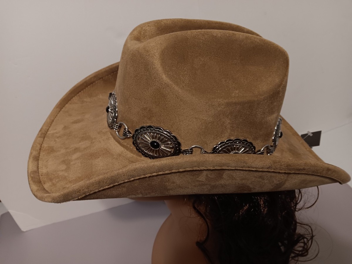 Illuma Cow Print Faux Suede Western Cowboy Hat Silver Concho Chain Band Rodeo Cowhide Hat Band with Concho Closure – Persimmon Hill at the  main image 3