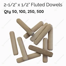 2-1/2" x 1/2" Wooden Fluted Grooved Dowel Pin, 50, 100, 250, 500 pack