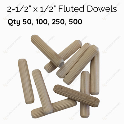2-1/2'' x 1/2'' Wooden Fluted Grooved Dowel Pin, 50, 100, 250, 500 pack