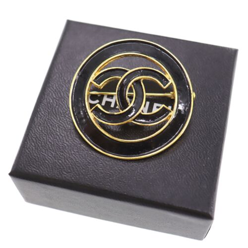 CHANEL CC Logos Circle Used Pin Brooch Gold Plated Black Vintage #CG390 M - Picture 1 of 5