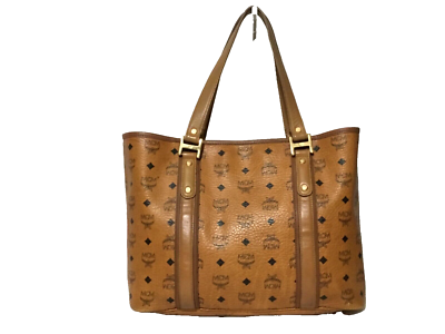 MCM Cognac Visetos Canvas Leather Trim Monogram Pattern Tote Bag 