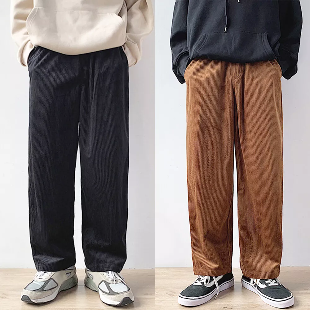 Men Pocket Casual Soft Corduroy Pants Elastic Waist Straight Leg Loose  Trousers