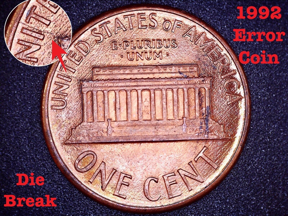 エリザべス女王1ペニーエラー 1992 Lincoln Cent/Penny Error Coin - Die Break Reverse - RED AU/BU