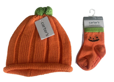 Carters Baby Halloween Pumpkin Knit Hat Jack O Lantern Ghost Socks Set