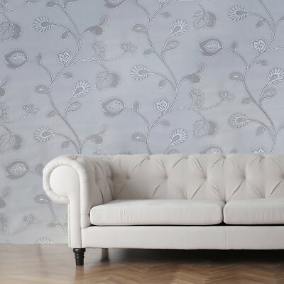 Gray Silver metallic paisley floral tree leaves faux fabric textured Wallpaper