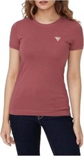 Image of Guess Jeans Womens Crew Neck Small Mini Triangle Logo T shirt Pink Dark