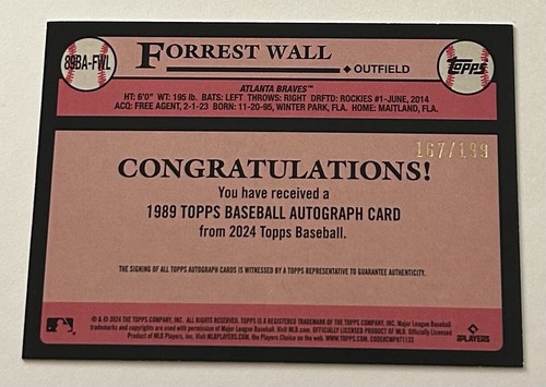 2024 Topps Update Atlanta Braves Forrest Wall RC 1989 Black Parallel Auto #/199 - Picture 2 of 2