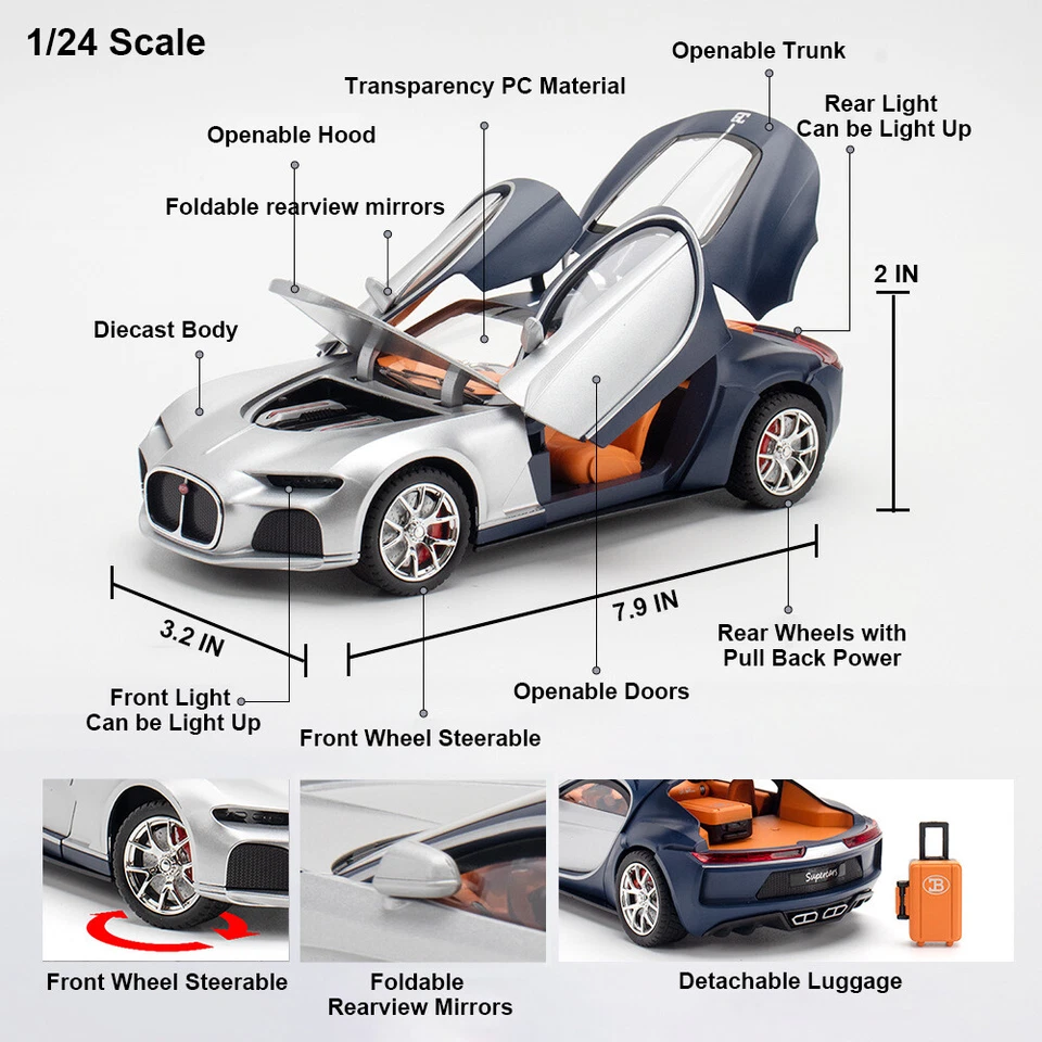 1:24 Diecast Vehicle for Bugatti Atlantic Model Car Toy Kids Sound Light Toy - Image 3 of 4