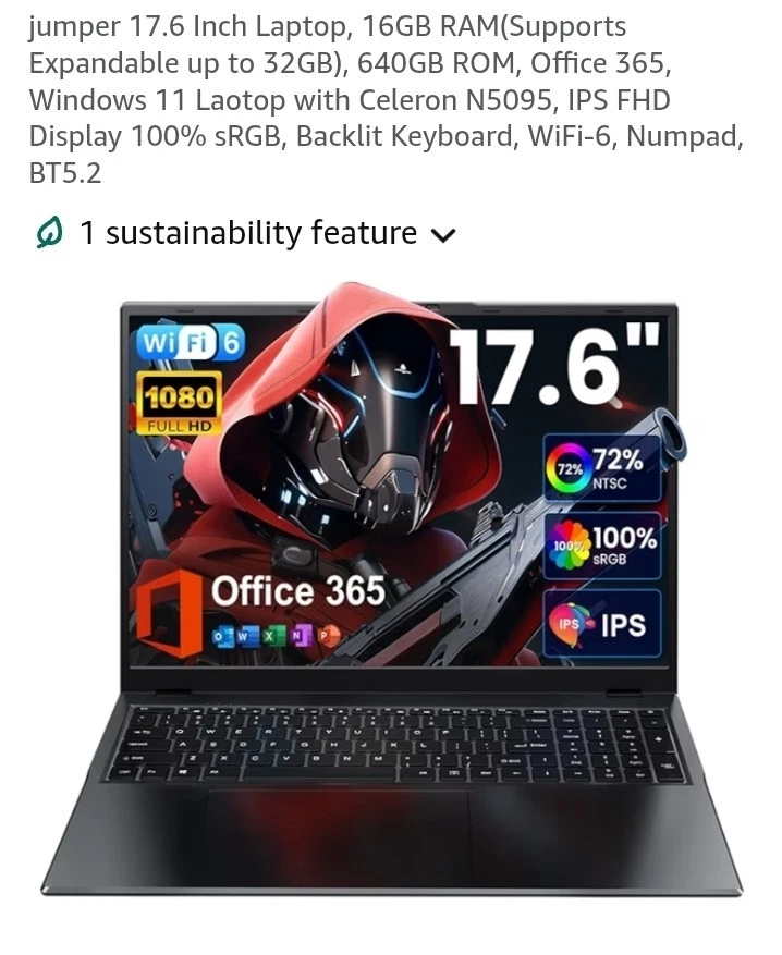 Portátil jumper 17,6 pulgadas, 16 GB de RAM (soporta ampliable hasta 32 GB), ROM de 640 GB Foto 2 de 4