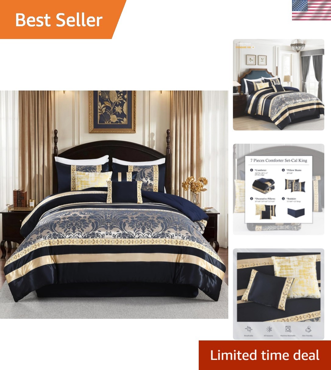 Comforter Set California King Size, Navy Blue Gold, 7-Piece Bed in a Bag for ...