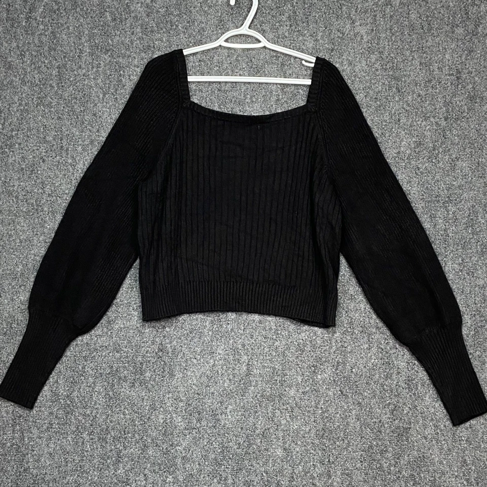 Boden Black Ribbed Knit Square Neck Balloon Sleeve Cropped Sweater 16/18 K0676 - Image 2 of 4