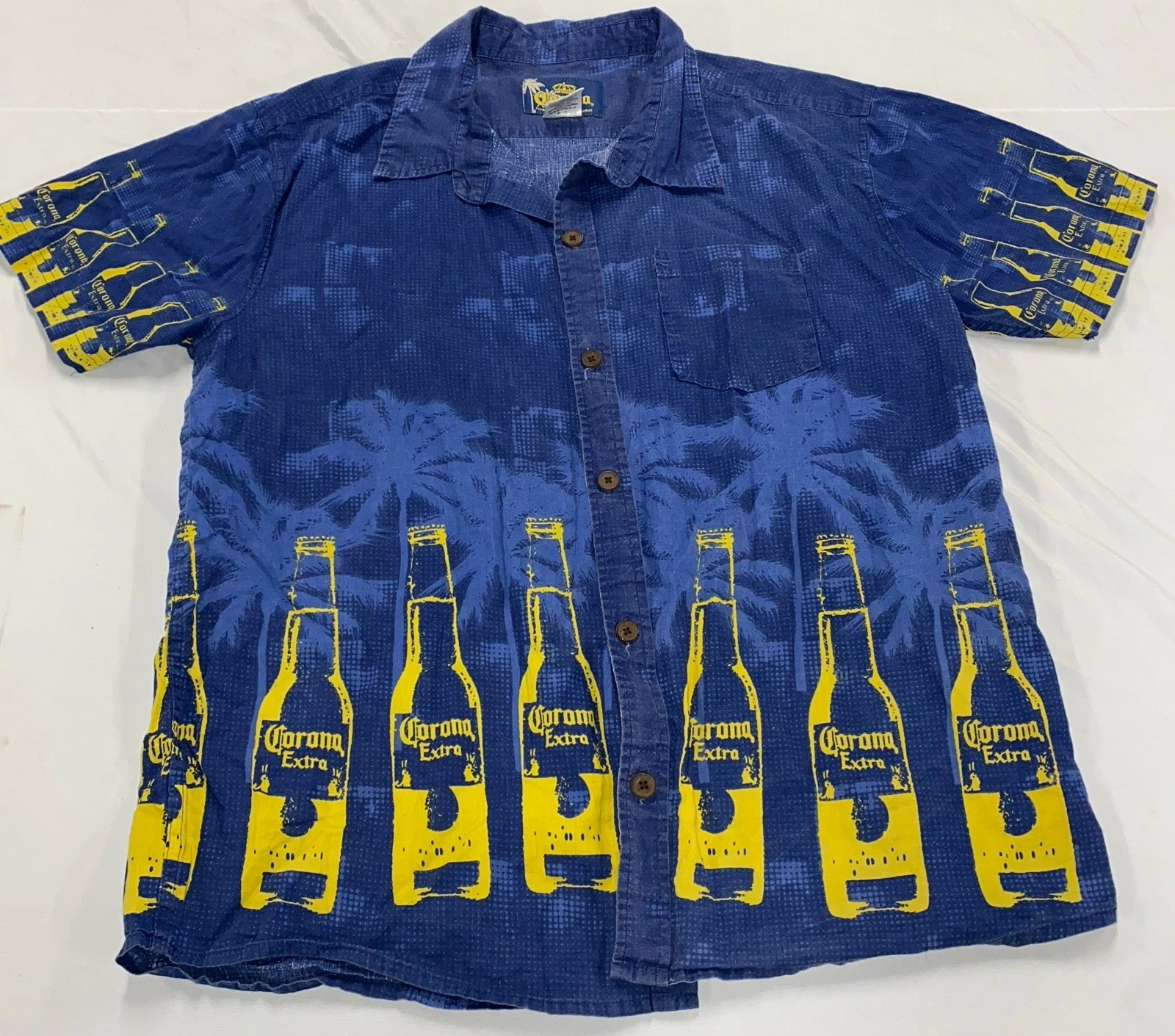 Corona Beer Bottle Hawaiian Shirt XL Blue Palm Tree Cerveza Brew Camp