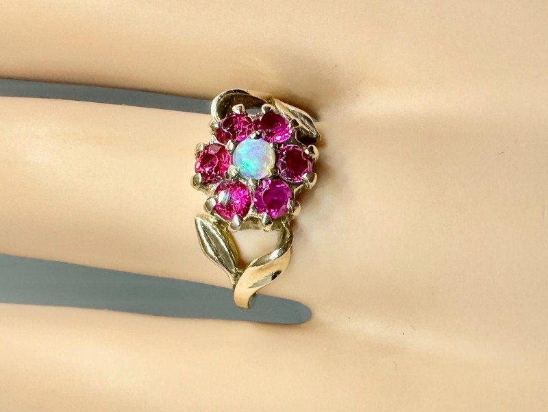 Retro Opal Ruby Flower Ring Antique Wedding Engagement Cocktail Ring Rose Gold