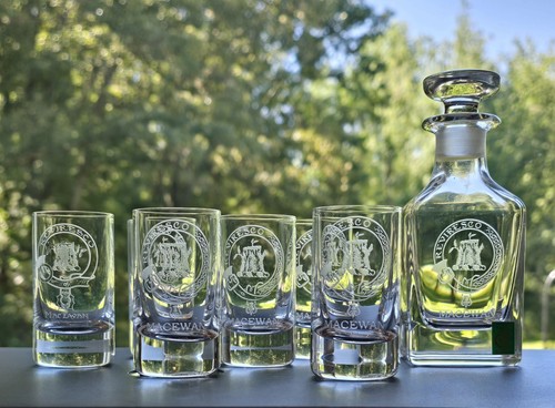 Collins Crystal Scotland Decanter and 6 Glasses Set Etched Clan Name & Crest