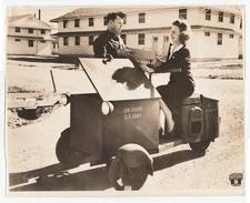 1940s Original LARGE Press Photo WWII Auto-Glide Scooter Jeep Woman Man Rations