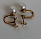 Gold Filled  3-4mm White Genuine Pearl Earrings Signed Vintage Jewelry #39