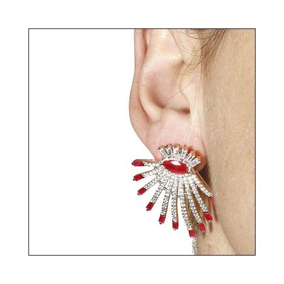 STUNNING DROP STUD EARRINGS LAB CREATED DIAMONDS & RUBY SZ 35MM BY 31MM