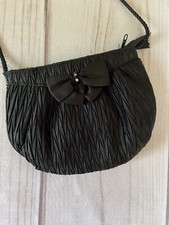 Little Black Evening Bag Cord Shoulder Strap Rhinestone Bow Satin