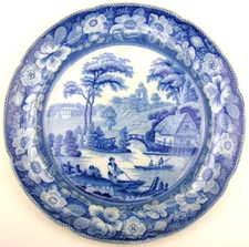2 Staffordshire Blue Transferware Pearlware 9.75" Plates Rose Border Bridge Boat